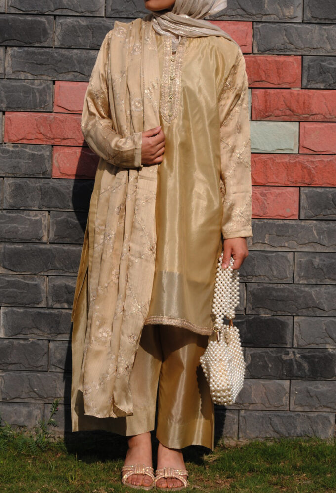 Golden Plain Dress Fancy Dupatta – Eid Edition by Farah Naz (3PC)