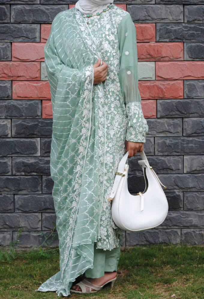 Pistachio & White Embroidered Fancy Dress – 3PC Eid Edition by Baneen