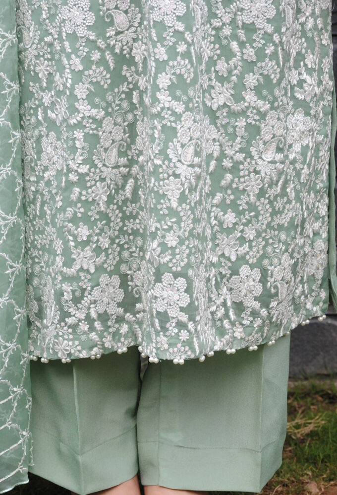 Pistachio & White Embroidered Fancy Dress – 3PC Eid Edition by Baneen