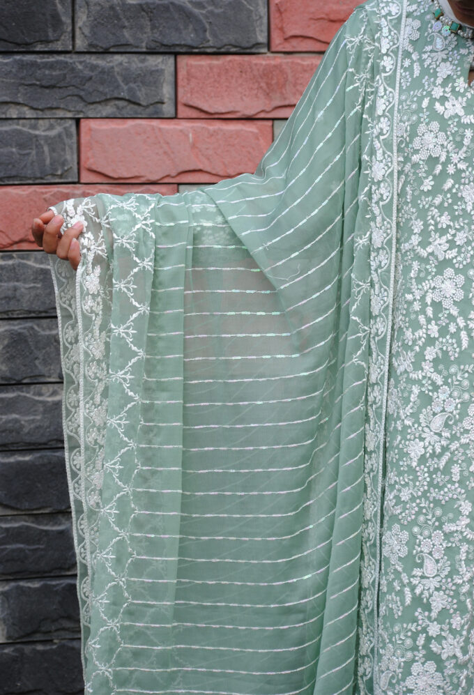 Pistachio & White Embroidered Fancy Dress – 3PC Eid Edition by Baneen