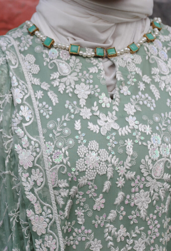 Pistachio & White Embroidered Fancy Dress – 3PC Eid Edition by Baneen
