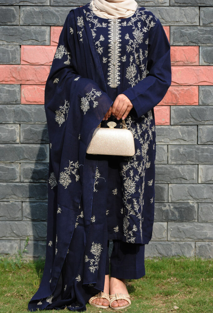 Blue Marina with golden embroidery by Roqia (3 PC)