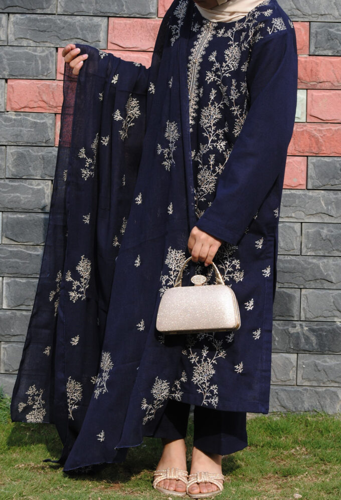 Blue Marina with golden embroidery by Roqia (3 PC)