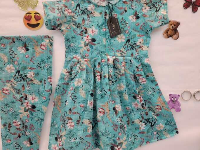 Aqua floral kids frock with shalwar