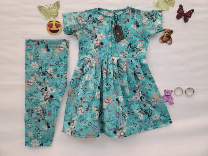 Aqua floral kids frock with shalwar