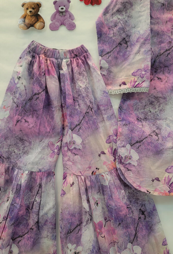 Purple pastel floral kids shirt with gharara