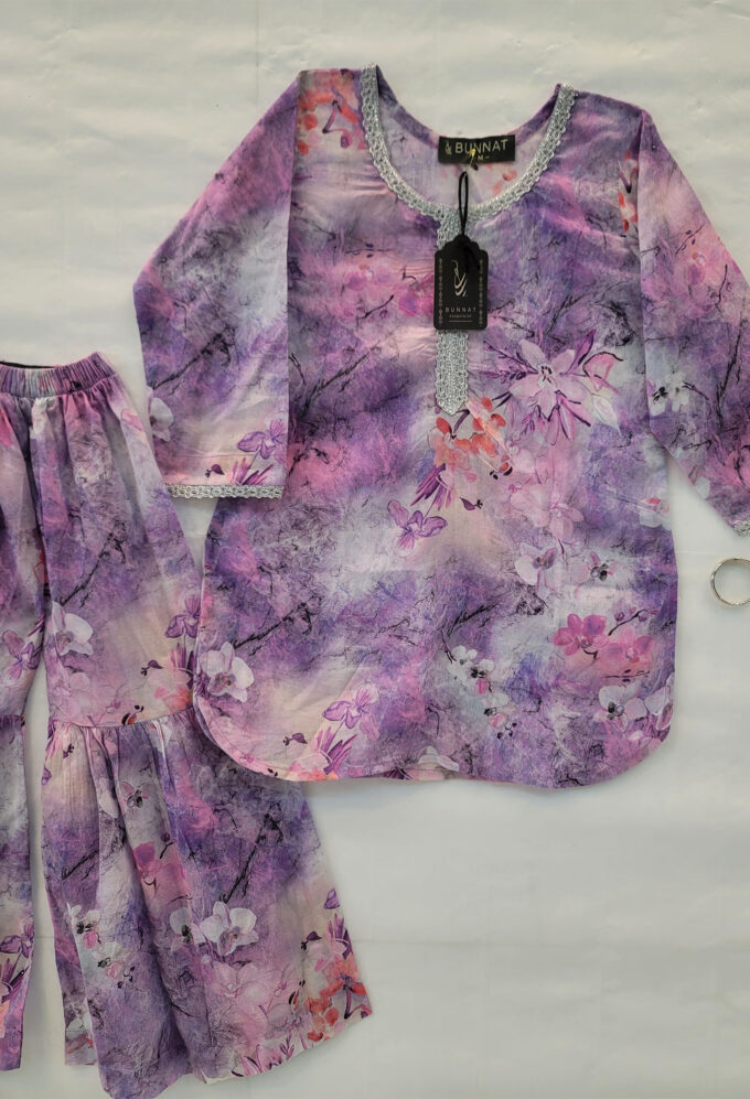 Purple pastel floral kids shirt with gharara