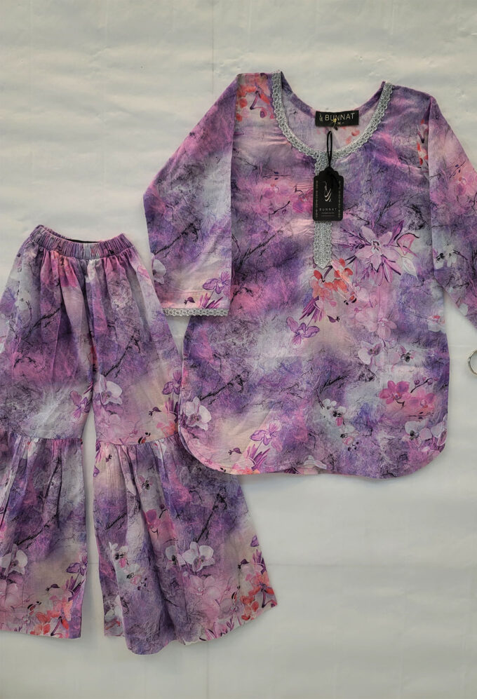 Purple pastel floral kids shirt with gharara