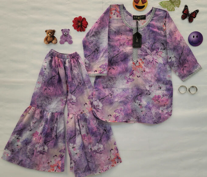 Purple pastel floral kids shirt with gharara