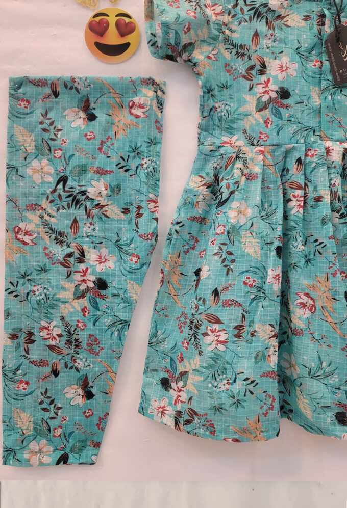Aqua floral kids frock with shalwar