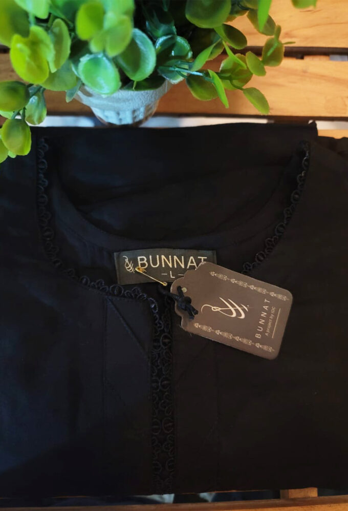 Solid Black Shirt with Lace work- 2 pc Linen