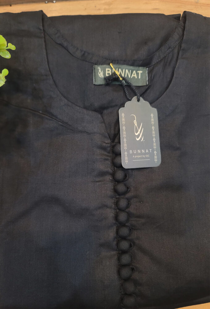 Solid Black V neck with buttons Shirt - 2 pc Lawn